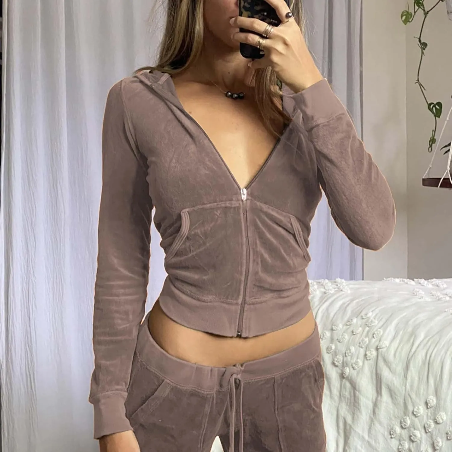 Women Velour Sweat Suits 2 Piece Outfits Tracksuits Long Sleeve Zip Up Hooded Jacket Wide Plus Size Suit