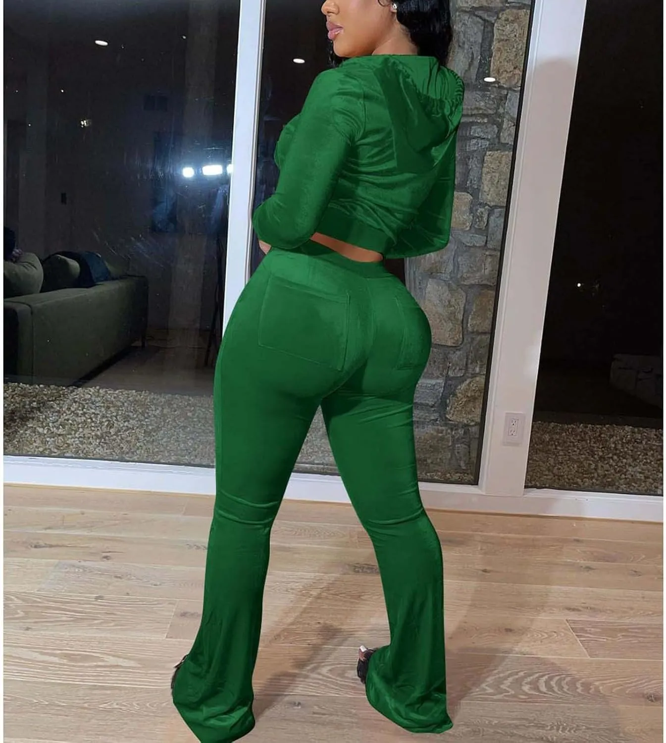 Women Velour Sweat Suits 2 Piece Outfits Tracksuits Long Sleeve Zip Up Hooded Jacket Wide Plus Size Suit