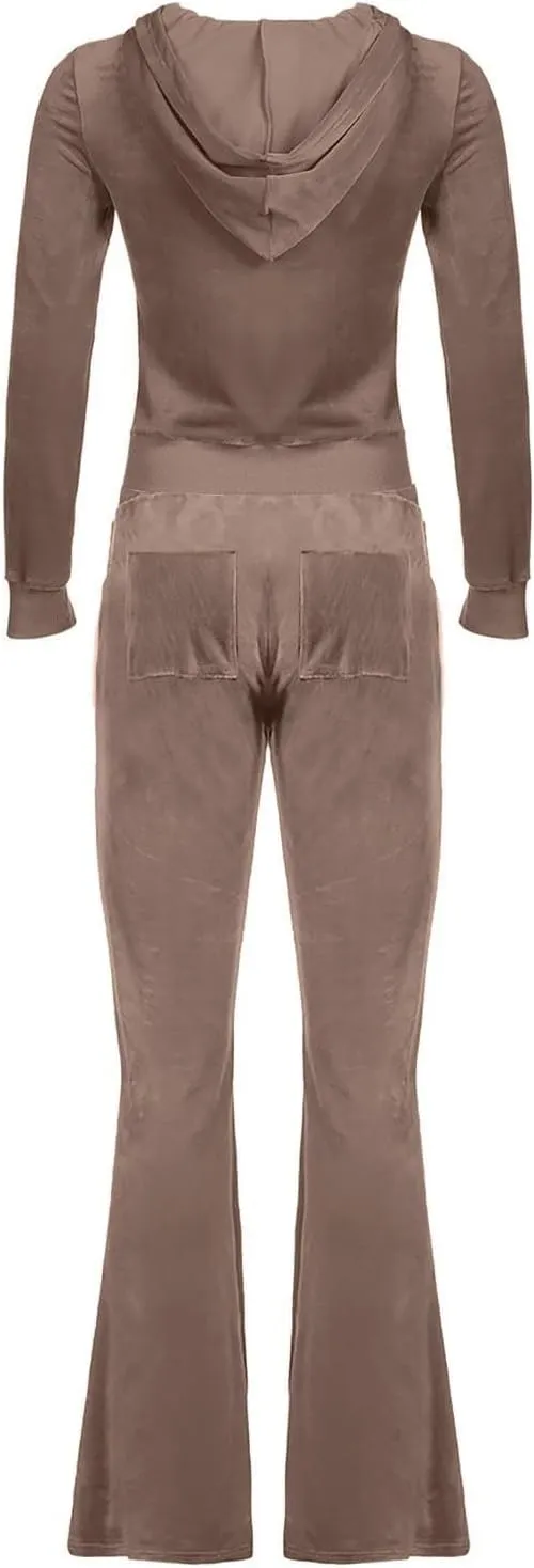 Women Velour Sweat Suits 2 Piece Outfits Tracksuits Long Sleeve Zip Up Hooded Jacket Wide Plus Size Suit