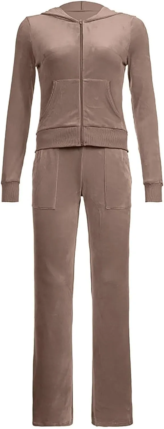 Women Velour Sweat Suits 2 Piece Outfits Tracksuits Long Sleeve Zip Up Hooded Jacket Wide Plus Size Suit