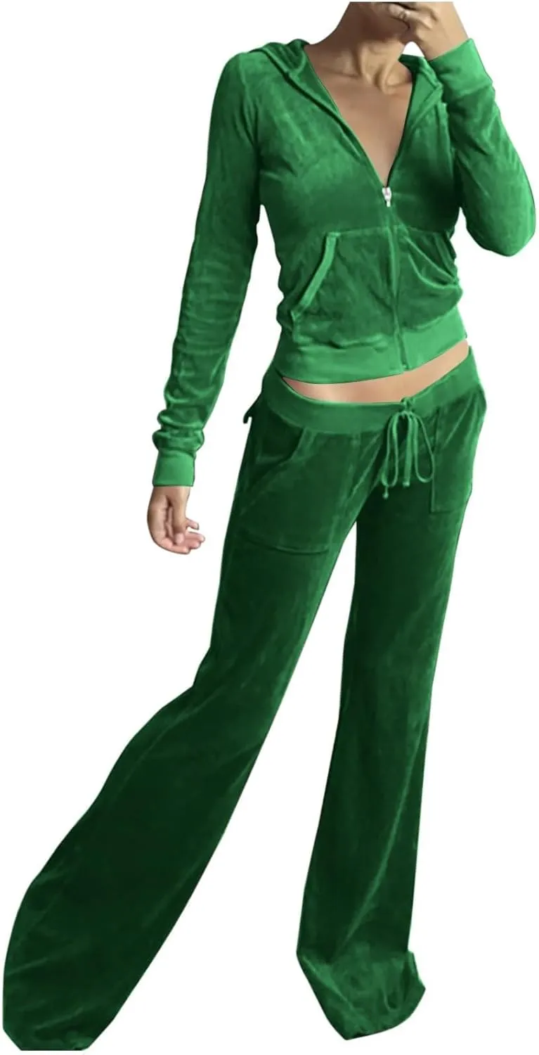 Women Velour Sweat Suits 2 Piece Outfits Tracksuits Long Sleeve Zip Up Hooded Jacket Wide Plus Size Suit