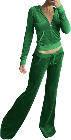 Women Velour Sweat Suits 2 Piece Outfits Tracksuits Long Sleeve Zip Up Hooded Jacket Wide Plus Size Suit