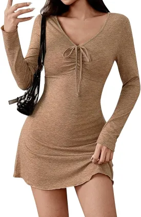 Women's Autumn and Winter New Long Sleeve V-Neck Slim Fit Bodycon Short Dress Slip