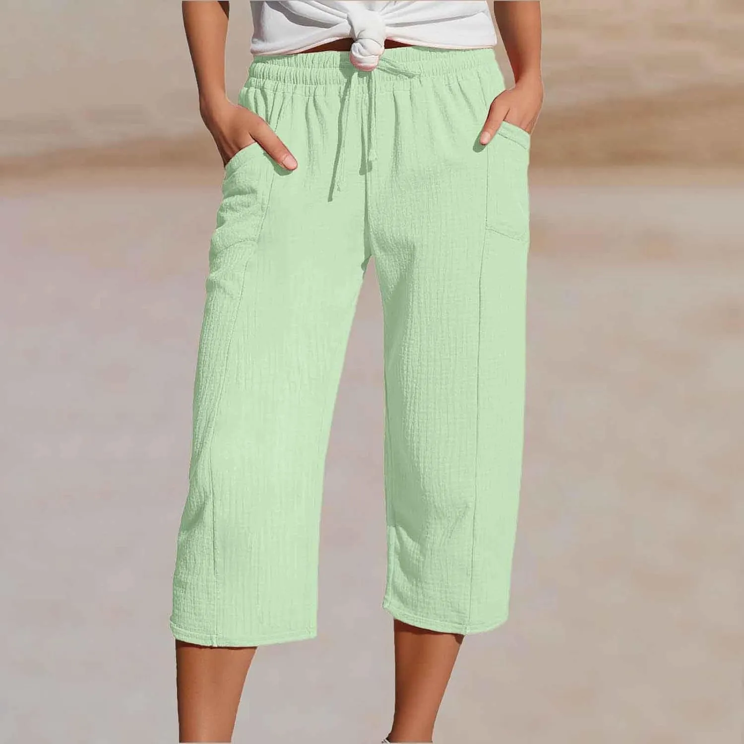Womens Capri Pants High Waisted Wide Leg Lounge Linen Cropped Pant Drawstring Causal Palazzo Capris with Pockets