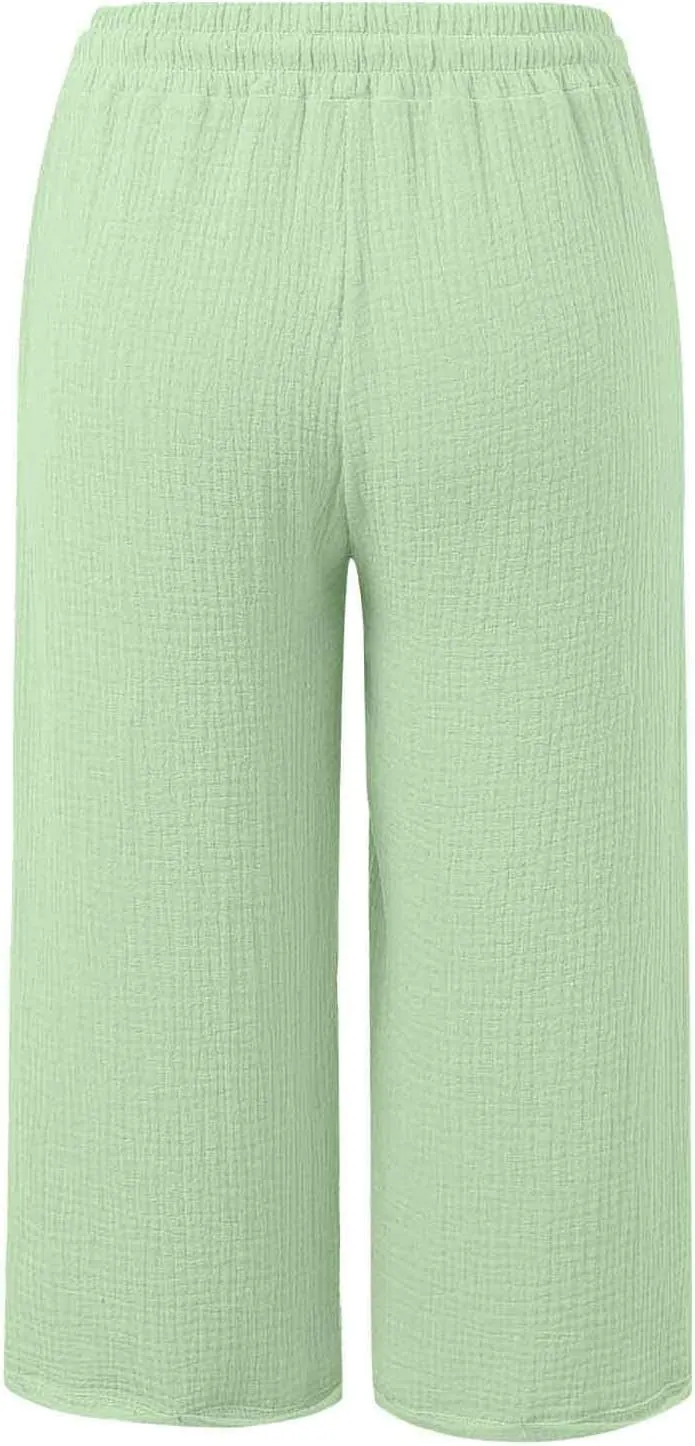 Womens Capri Pants High Waisted Wide Leg Lounge Linen Cropped Pant Drawstring Causal Palazzo Capris with Pockets
