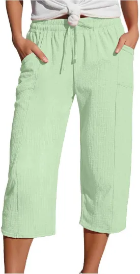 Womens Capri Pants High Waisted Wide Leg Lounge Linen Cropped Pant Drawstring Causal Palazzo Capris with Pockets