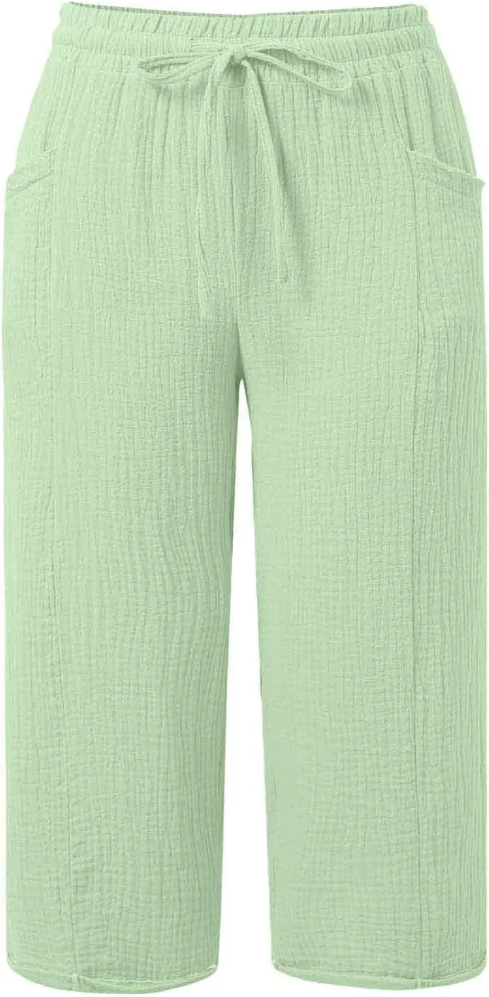 Womens Capri Pants High Waisted Wide Leg Lounge Linen Cropped Pant Drawstring Causal Palazzo Capris with Pockets