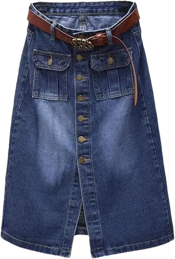 Women's High Waist Denim Pencil Skirt Sheath Midi Skirt with Front Slit Single-Breasted Button for Spring Autumn