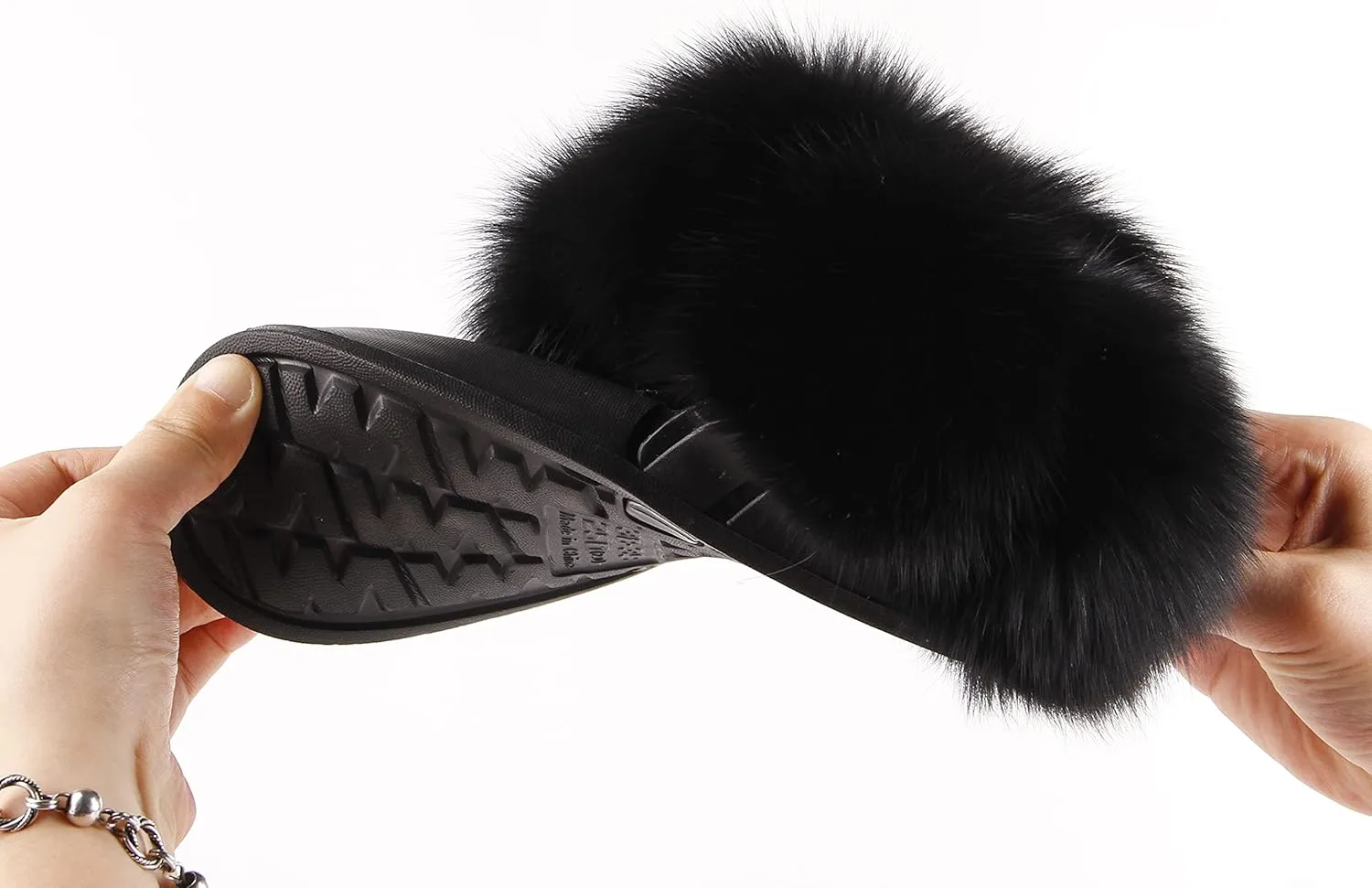 Women's Real Fox Fur Slides, Open-Toe Sandals, Indoor and Outdoor Non-Slip Slippers, Soft Pompom
