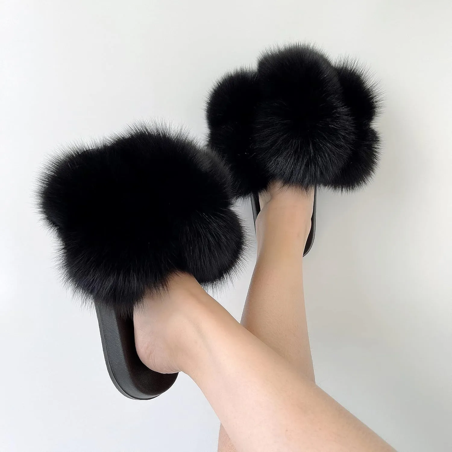 Women's Real Fox Fur Slides, Open-Toe Sandals, Indoor and Outdoor Non-Slip Slippers, Soft Pompom