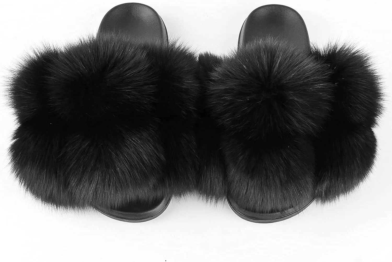 Women's Real Fox Fur Slides, Open-Toe Sandals, Indoor and Outdoor Non-Slip Slippers, Soft Pompom