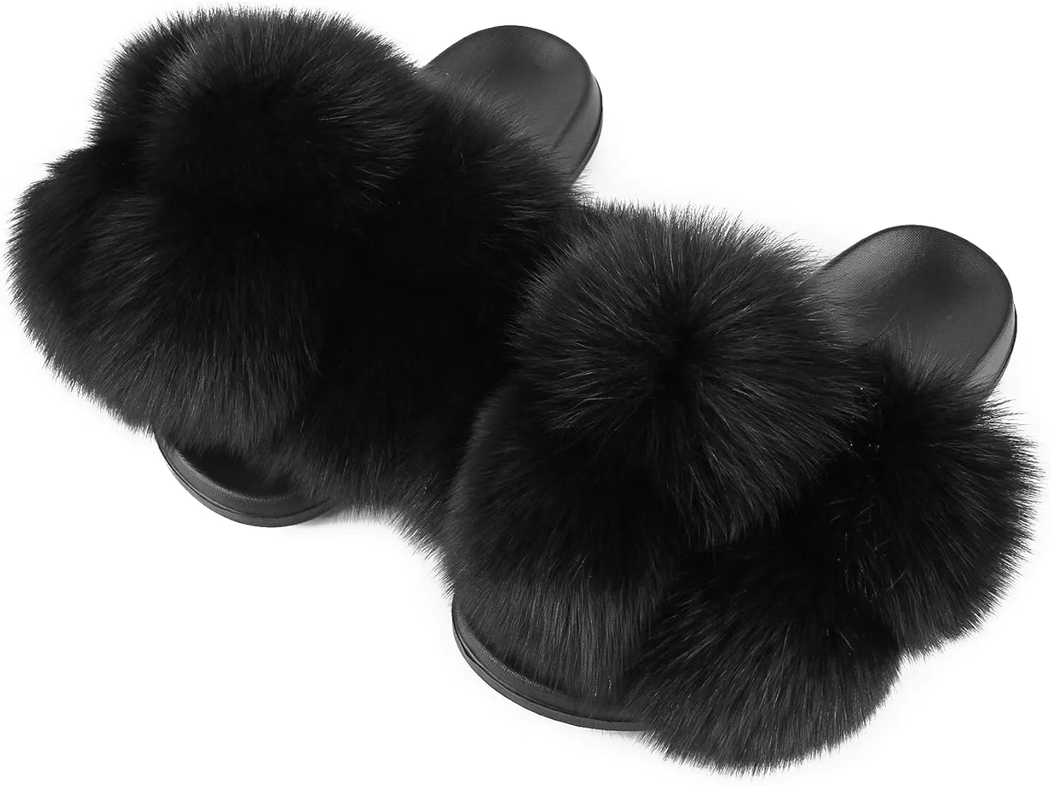 Women's Real Fox Fur Slides, Open-Toe Sandals, Indoor and Outdoor Non-Slip Slippers, Soft Pompom