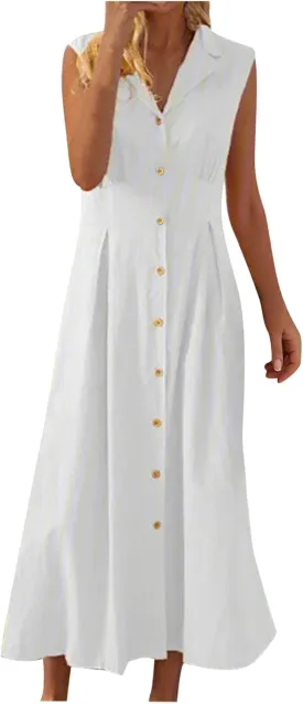Women's Summer Boho Button Cotton Linen Midi Dresses Casual Collared V Neck Sleeveless Elegant Long Sundress