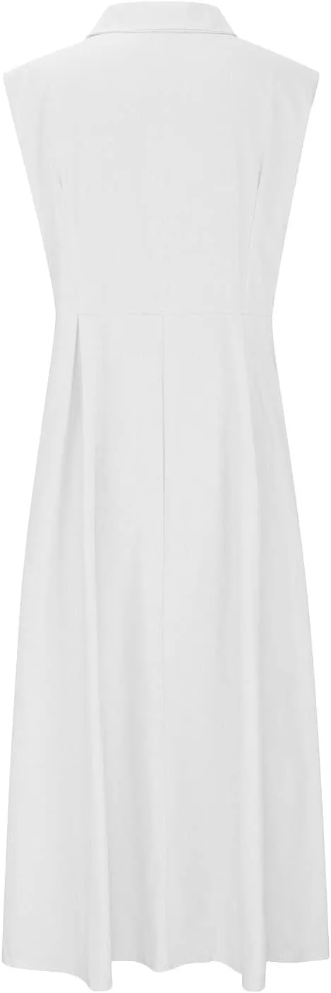 Women's Summer Boho Button Cotton Linen Midi Dresses Casual Collared V Neck Sleeveless Elegant Long Sundress