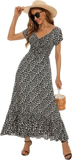 Women's Summer Floral Maxi Dress Casual Short Sleeve Flowy Boho Beach Party Long Dress