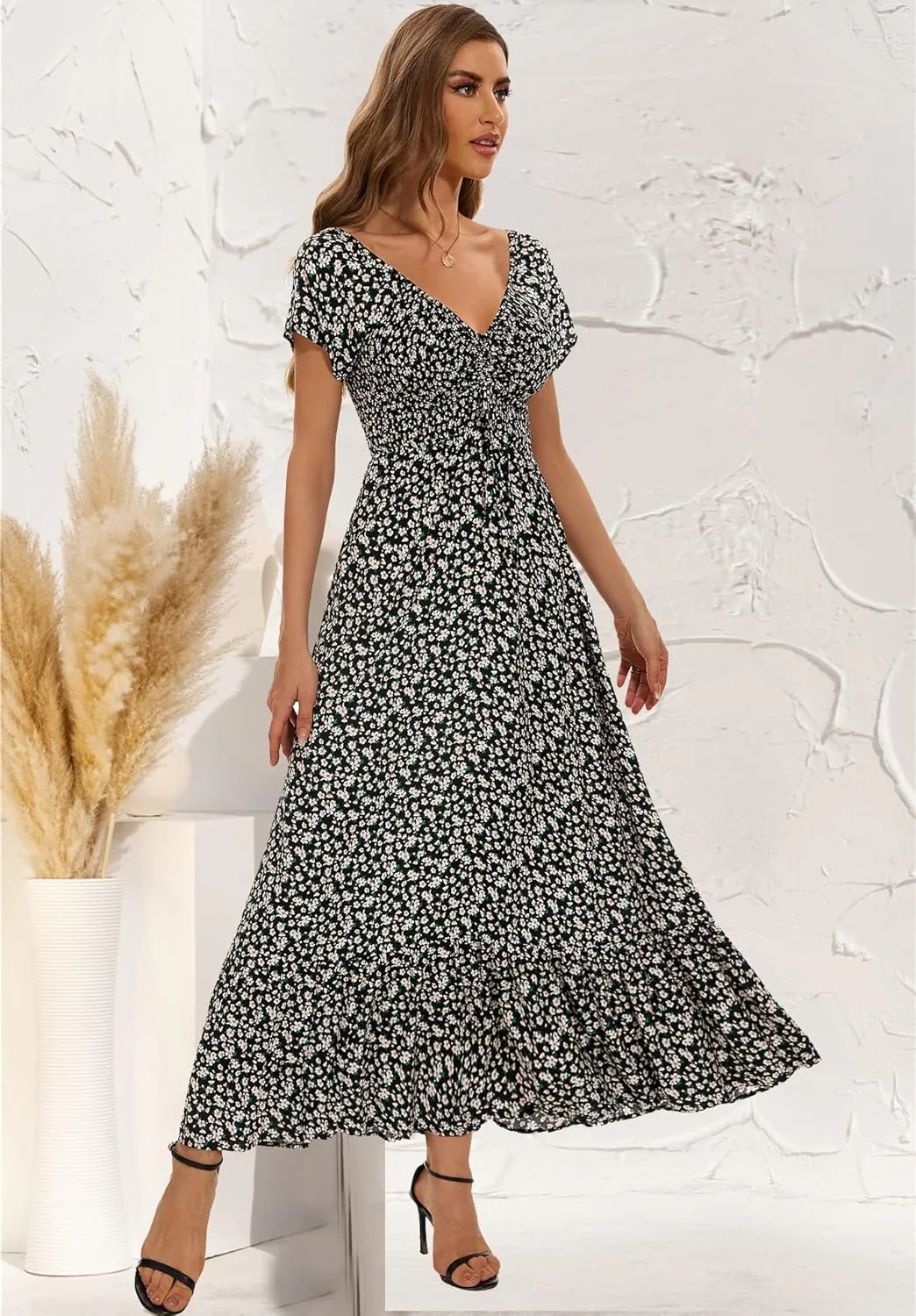 Women's Summer Floral Maxi Dress Casual Short Sleeve Flowy Boho Beach Party Long Dress