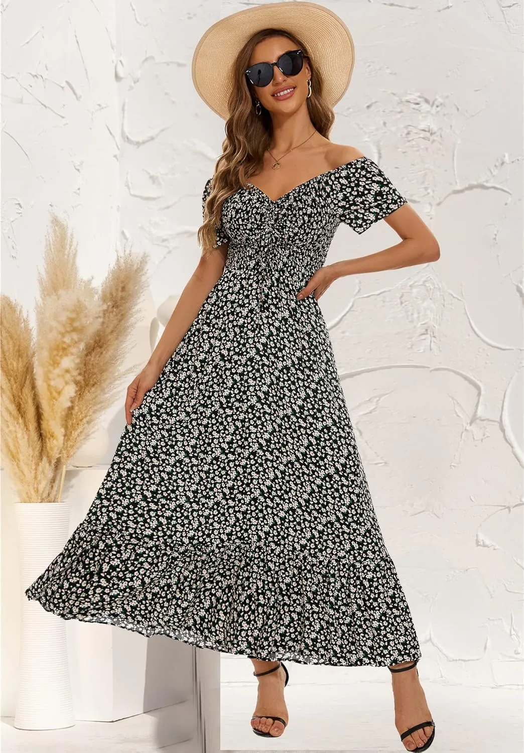 Women's Summer Floral Maxi Dress Casual Short Sleeve Flowy Boho Beach Party Long Dress