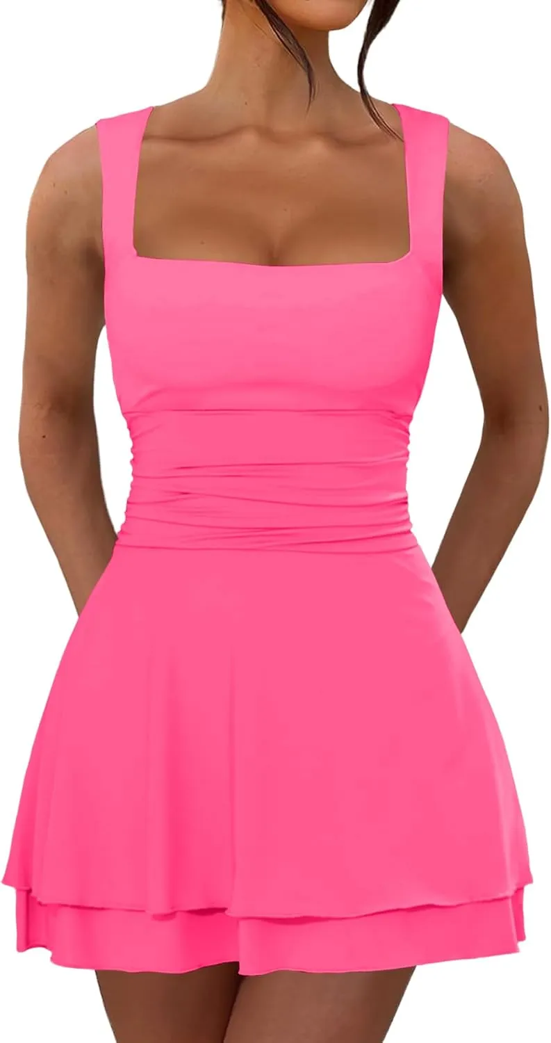 Women's Summer Ruffle Hem Square Neck Mini Dress Ruched Waist Short Party Dresses