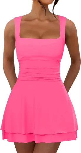 Women's Summer Ruffle Hem Square Neck Mini Dress Ruched Waist Short Party Dresses