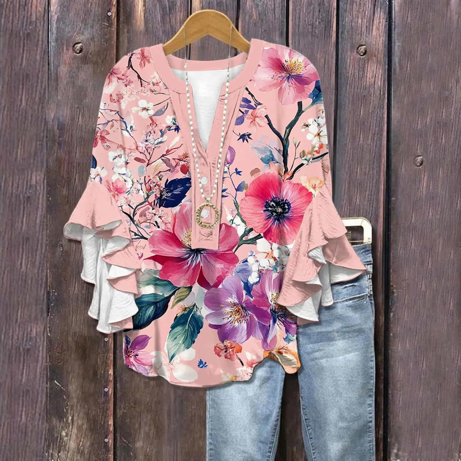 Womens Summer Tops 3/4 Length Sleeve Shirts for Women Plus Size Ruffle Sleeve V Neck Button Down Floral Tunic Tops