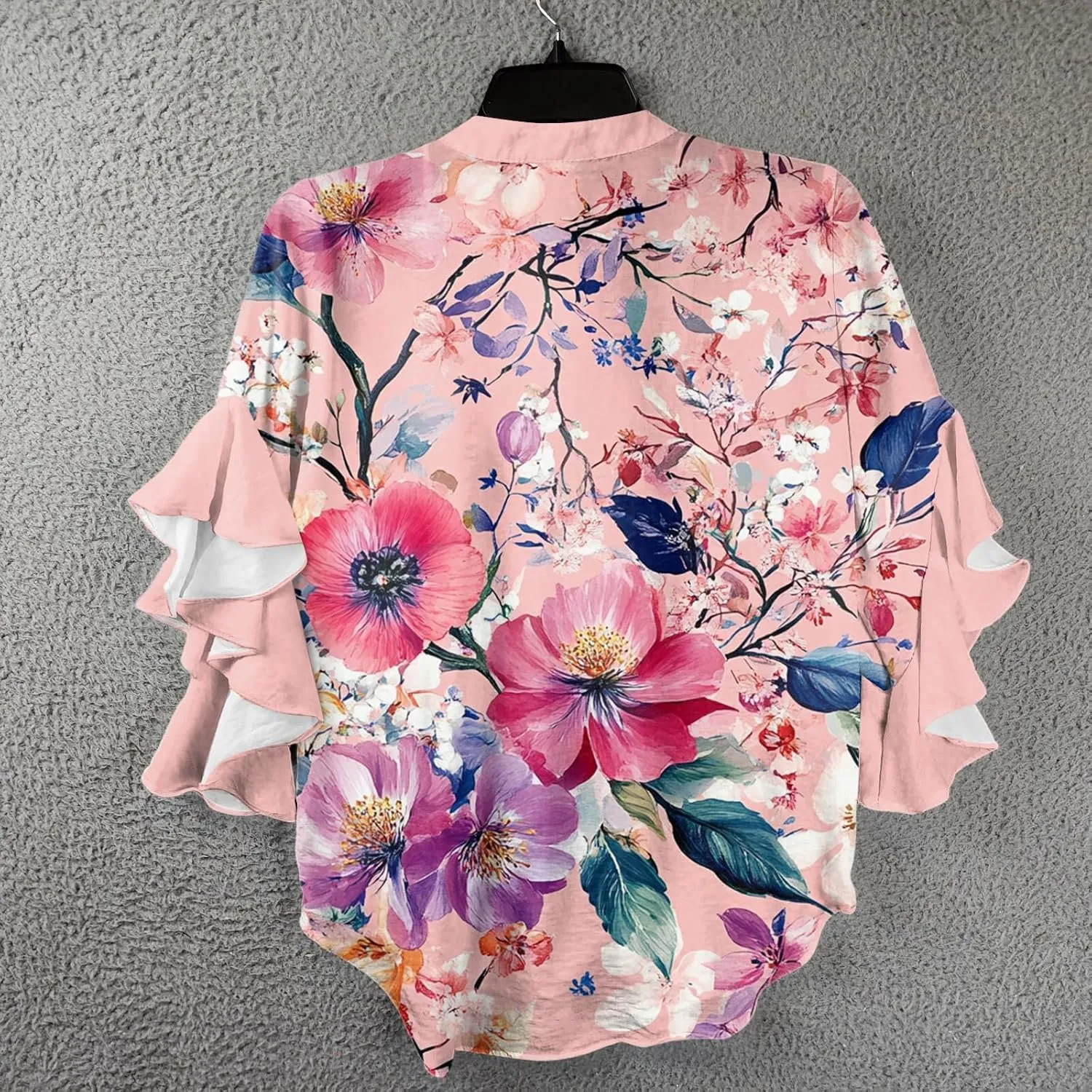 Womens Summer Tops 3/4 Length Sleeve Shirts for Women Plus Size Ruffle Sleeve V Neck Button Down Floral Tunic Tops