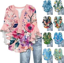 Womens Summer Tops 3/4 Length Sleeve Shirts for Women Plus Size Ruffle Sleeve V Neck Button Down Floral Tunic Tops