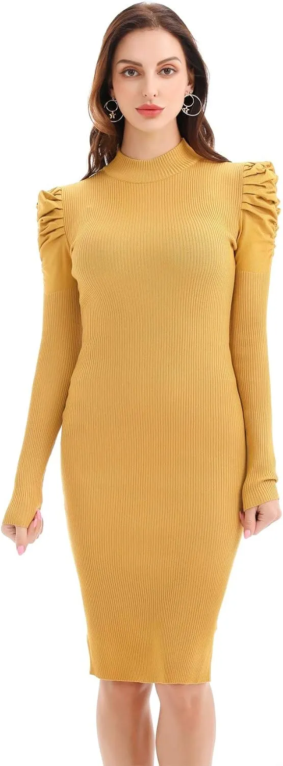 Womens Sweater Dresses Ribbed Puff Sleeve Midi Dress Winter Mock Neck